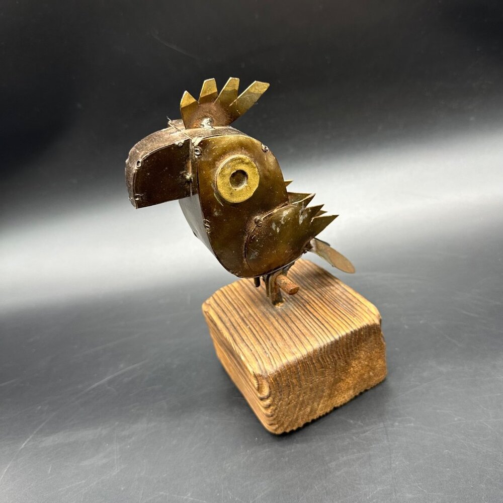 Brutalist Metal Parrot Bird Figurine Wood Statue Mixed Medium Art Brown Retro